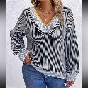 Plus Size Striped Pattern Drop Shoulder Sweater Top